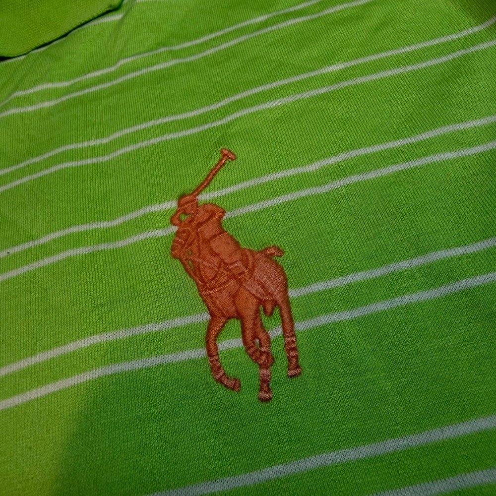 Polo Ralph Lauren Mens Green Striped Big Pony Orange Pima Cotton Polo Shirt L - Picture 4 of 6